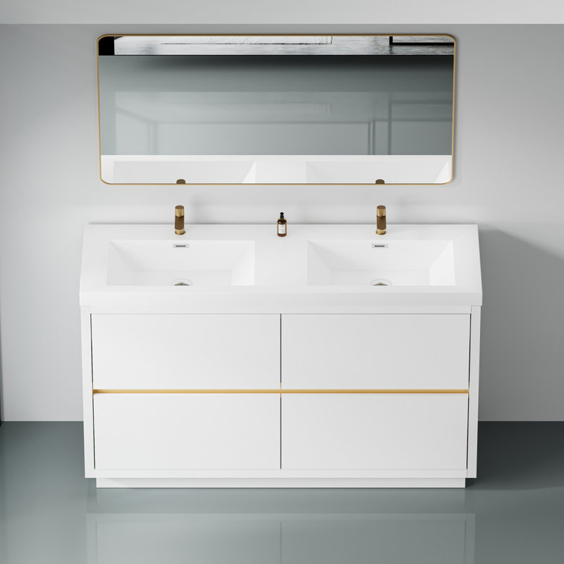 Meuble-lavabo autoportant avec lavabos doubles, Blanc lustré