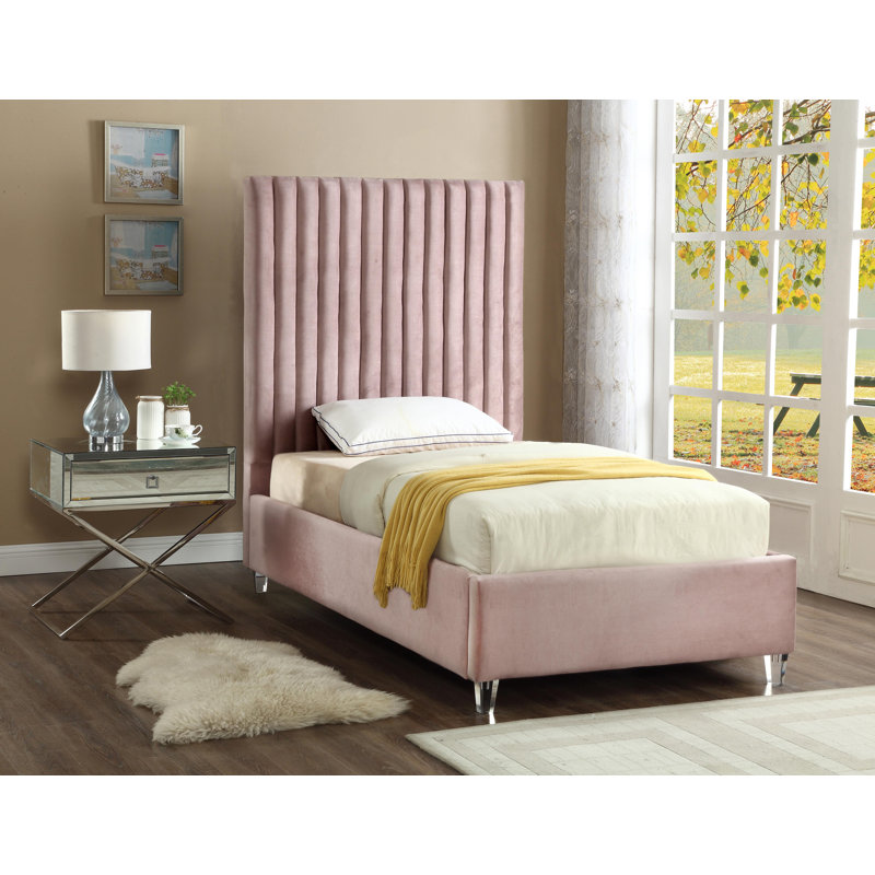 Upholstered Platform Bed, Pink Velvet, Twin