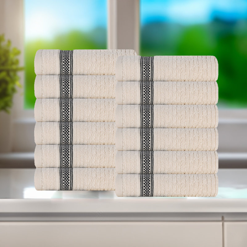 Amanita Zero Twist Cotton Ribbed Modern Geometric Border Soft Face Towel/Washcloth Set, Ivory