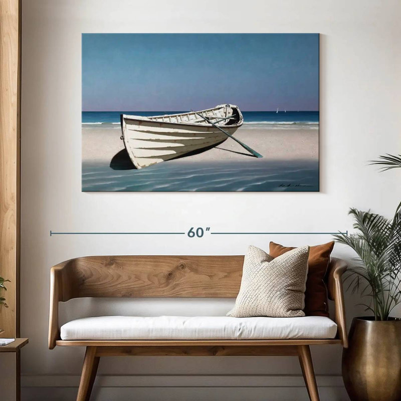 Mehar, bateau blanc sur la plage, H 32 po x l 48 po