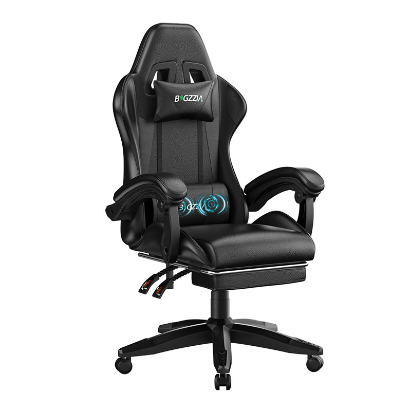 Ergonomic Game Chair with Massage Lumbar Support and Footrest Swivel, Black
