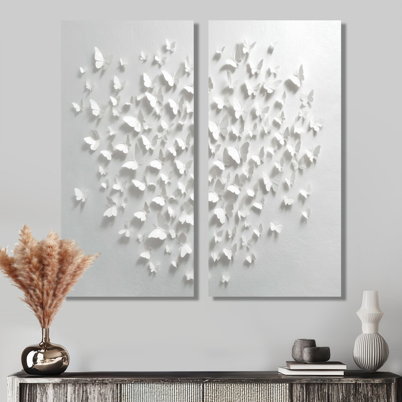 Emalia - Abstract Collages Wall Art, White Contemporary, reproduction sur toile 2 pièces, H 20 po x l 24 po, Toile tendue