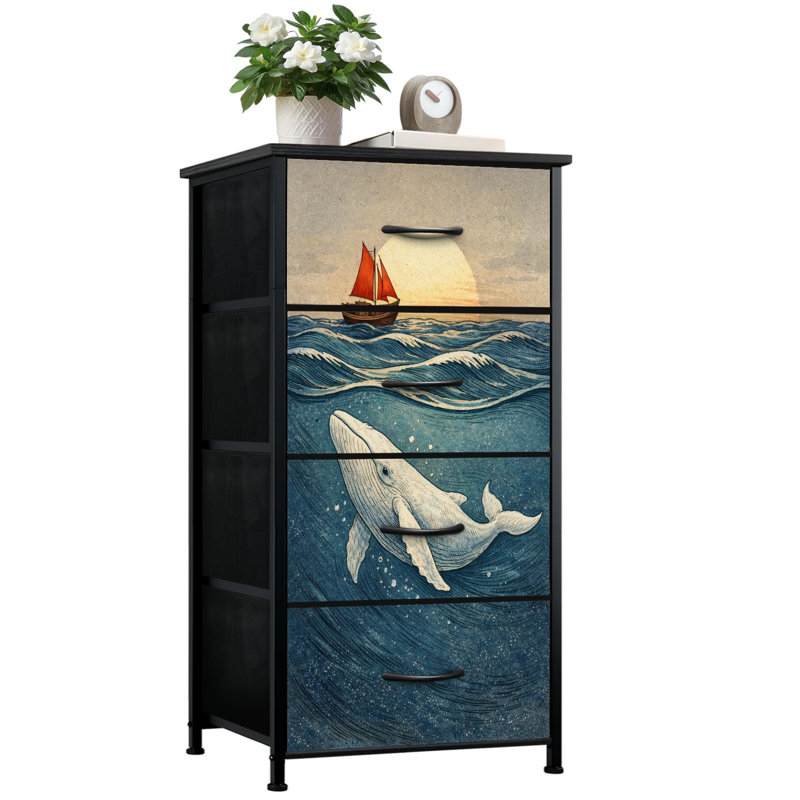 Commode pour chambre à coucher avec 4 tiroirs de rangement Voilier, voiles rouges, baleines, commode sous-marine