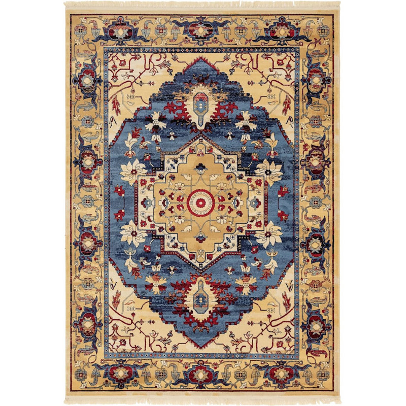 Tapis oriental jaune / bleu Regal, Rectangle 7 pi x 10 pi