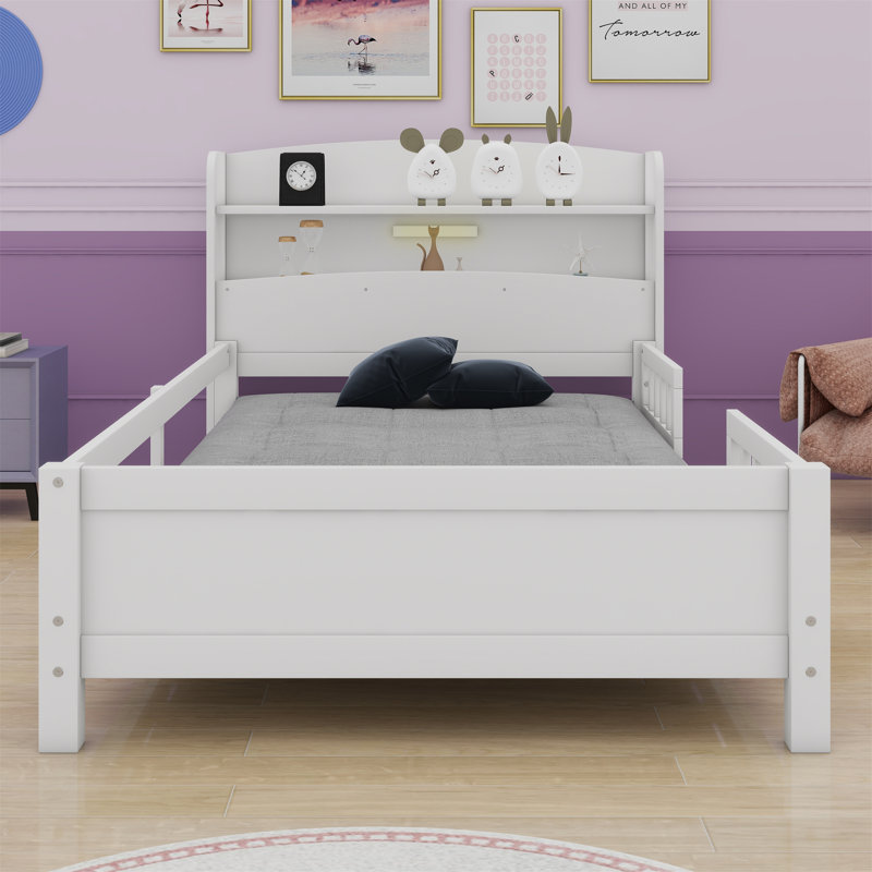 Lit plateforme en bois avec lumière DEL intégrée, tête de lit et garde-corps Hatchell, Lit simple, Blanc