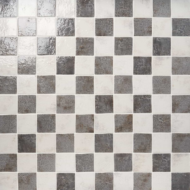 Greta 5x5 Checkered Glossy Textured Porcelain Tile, Smoke Gray/Seashell White
