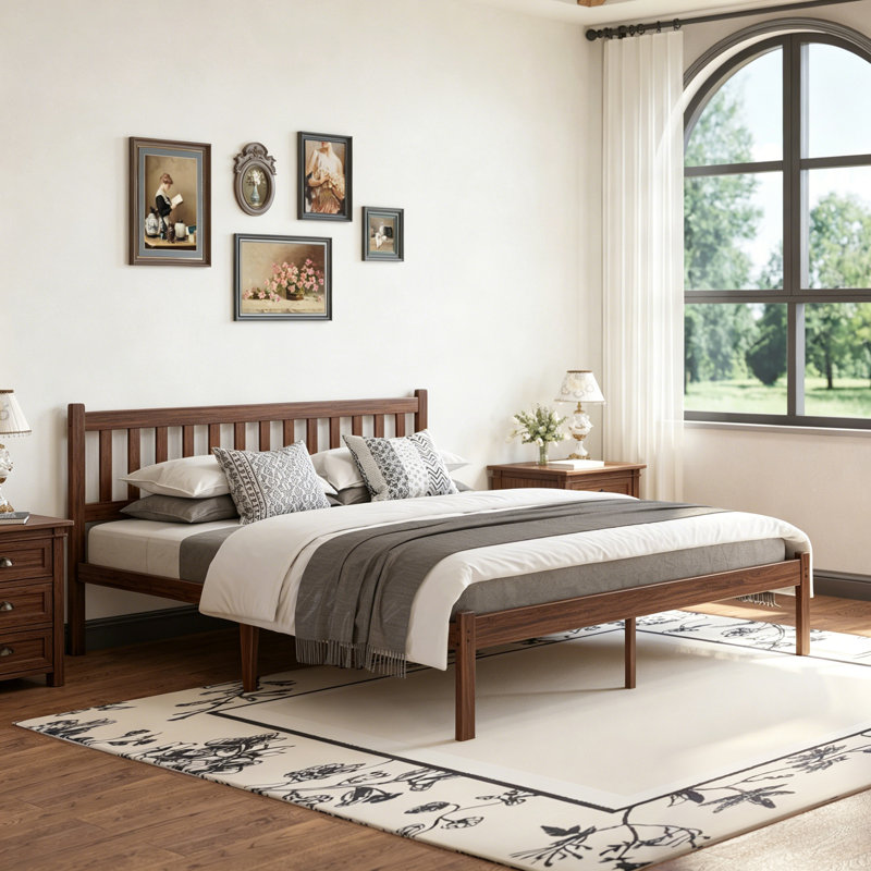 14"H Heavy-Duty Easy Assembly Solid Wood Bamboo Platform Bed Frame with Headboard Metal Slats, King, Walnut