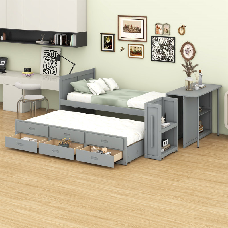  Gunnell Twin Size Multifunctional Wood Platform Bed With Desk And Storage Shelf At The End Of The Bed, Built-In Trundle And 3 Drawers