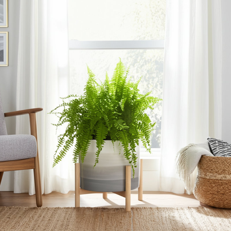 Ceramic and Pine Wood Planter with Stand, Modern Decorative Pot for Indoor and Outdoor Plants, Stylish Elevated Display for Home and Office Decor