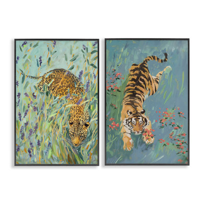 Prowling Tiger & Leopard Habitats 2pc Framed Giclee Set, design by Amanda Tsoukanelis
