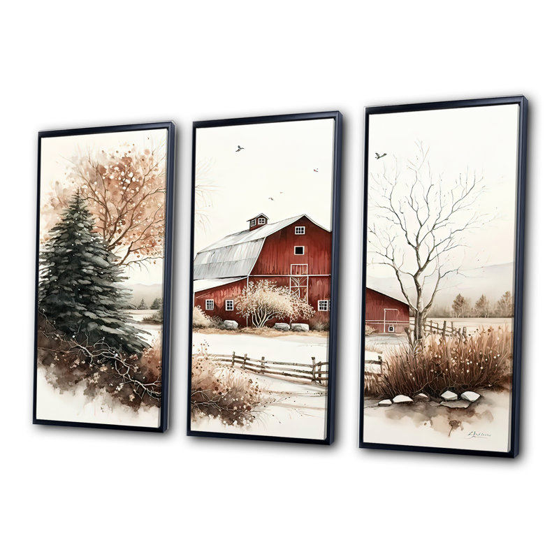 Calm Red Barn In Winter I - ensemble d'art mural sur toile Farmhouse, H 28 po x l 36 po x P 1 po, Cadre flottant noir