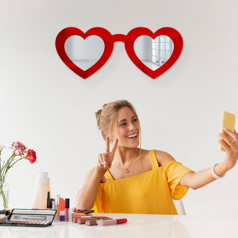 Heart Eye Sunglasses Mirrored Wall Decor, 12" H x 24" W, Red/Silver
