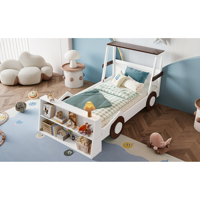 Lit voiture simple avec tablettes de rangement, lit plateforme pour enfants avec une jolie forme de voiture, conception enfantine