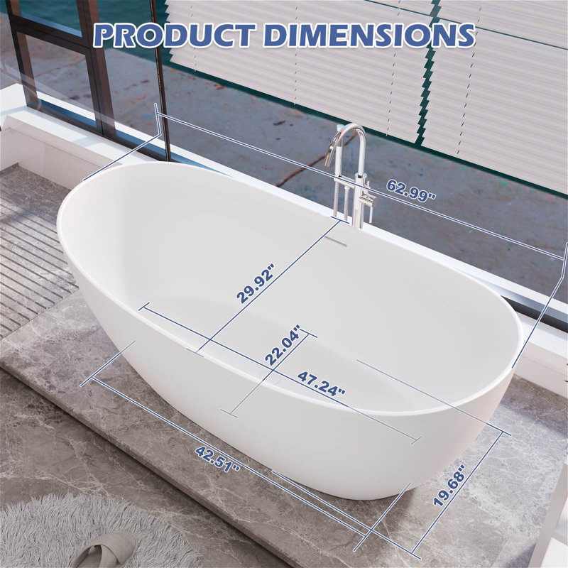 Baignoire autoportante de 63 po à surface solide de 63 po, baignoire profonde à double glissement, conception élégante pour les salles de bain modernes