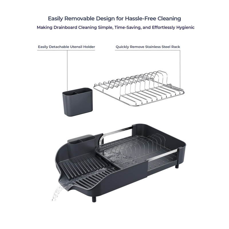 Expandable Deep Gray Stainless Steel Dish Drying Rack with Utensil Cup