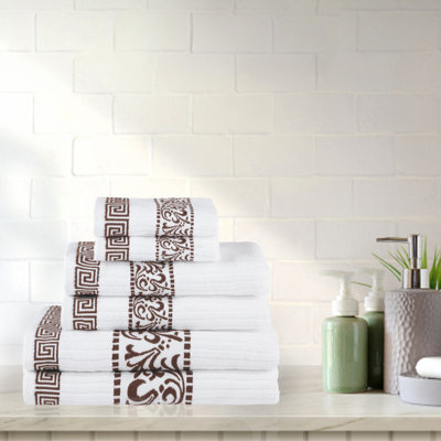 Mikira Athens Cotton Medium Weight Floral Border Greek Key Trim 6 Piece Assorted Towel Set