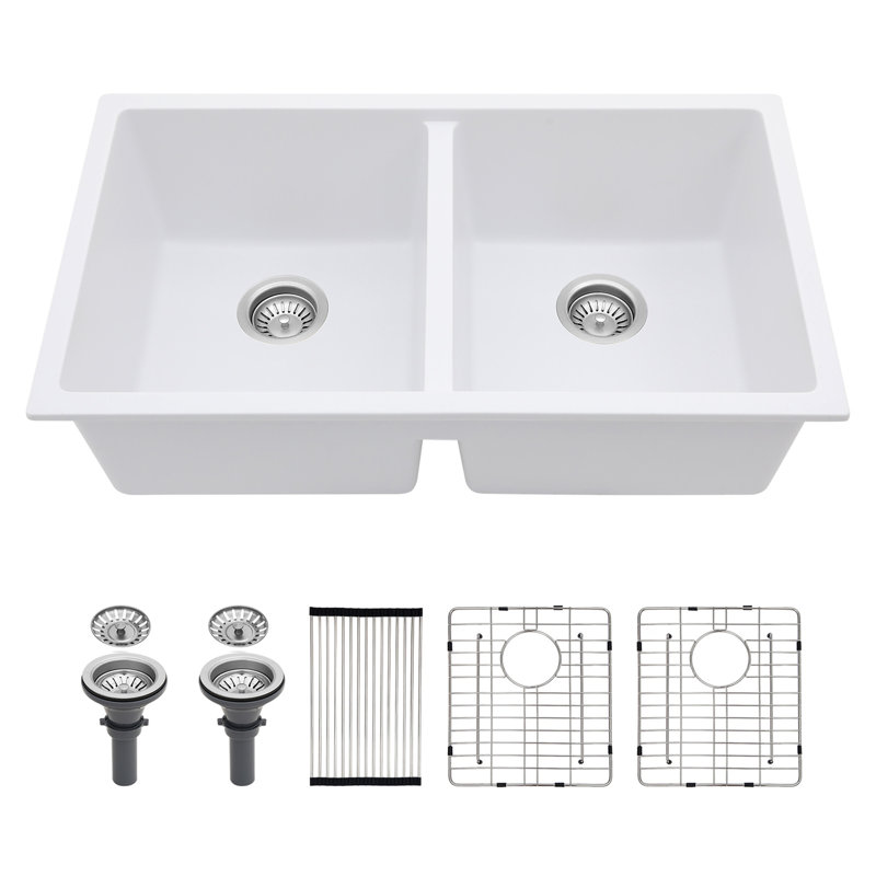 Évier de cuisine en quartz - Évier de cuisine double en composite de granite blanc encastrable 33 po x 19 po x 10,33 po