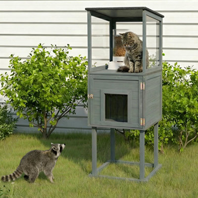 Poste d'alimentation extérieur pour chat, abri pour chat sauvage résistant aux intempéries, maisonnette à l'épreuve des chiens avec base surélevée pour l'extérieur, abri anti-raton laveur