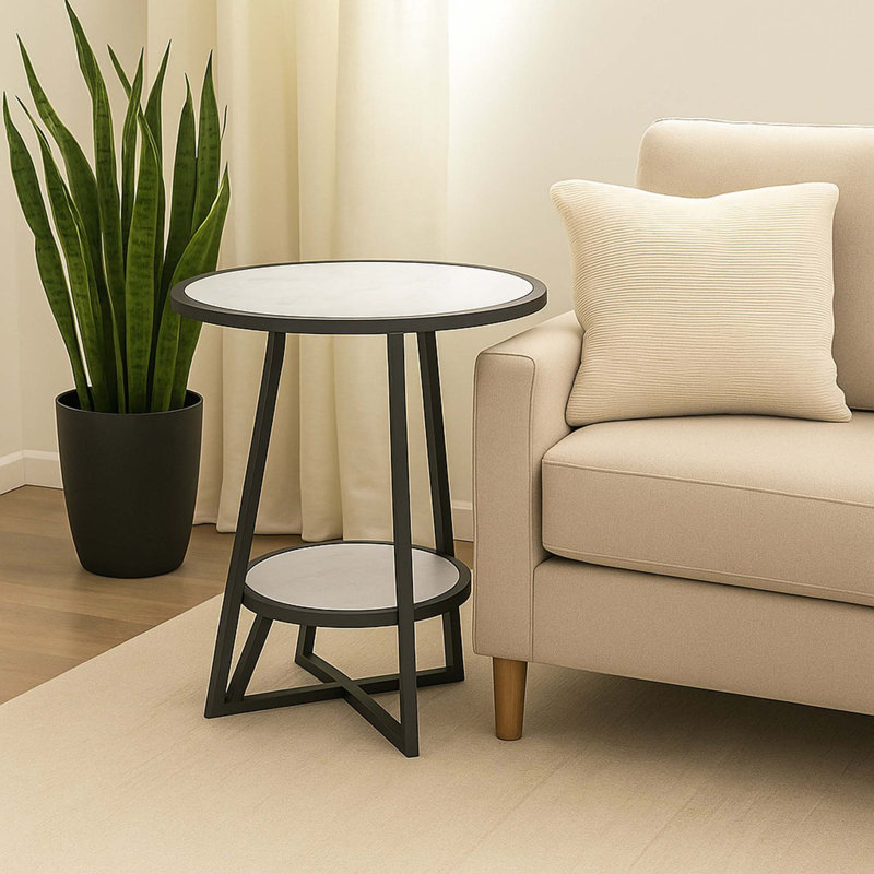 Table de bout moderne à deux niveaux avec plateau en marbre et structure en métal robuste