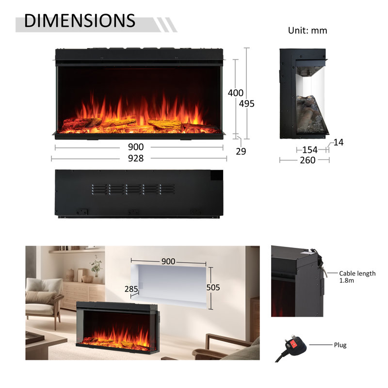 KNIGHTON FLAMME Electric Inset Fire, 49.5 cm H x 90 cm W x 26 cm D
