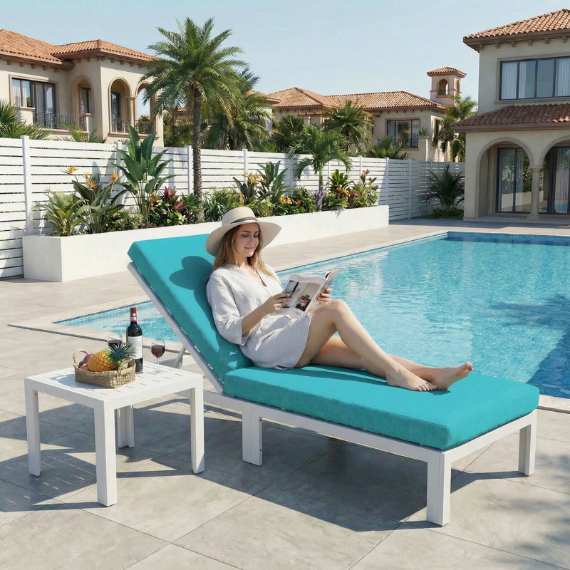 4-piece Outdoor Aluminum Chaise Lounge Set With Adjustable Backrests, Side Tables And Cushions, Teal