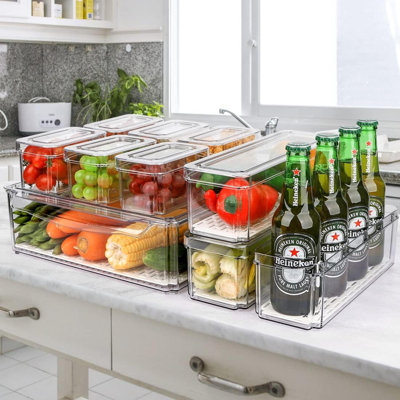 Paquet de 10 paniers de rangement pour garde-manger, bacs de rangement de réfrigérateur empilables avec couvercles, bacs de rangement en plastique transparent pour cuisine, comptoirs, armoires, réfrigérateur, boissons, fruits, légumes, céréales