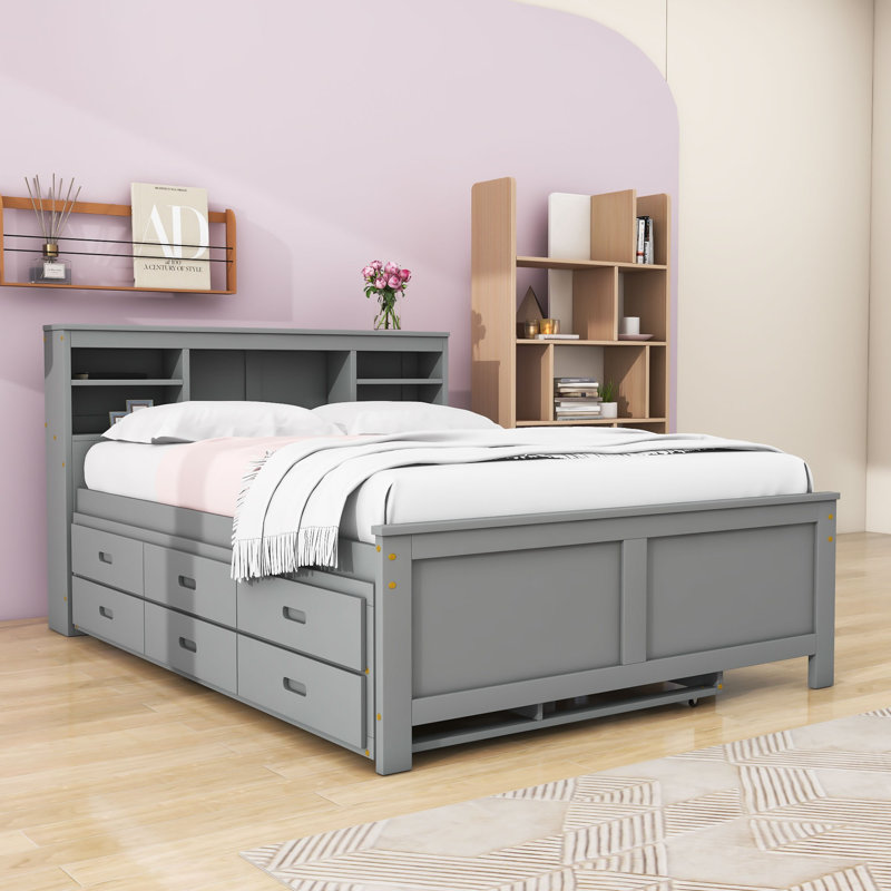 Lit plateforme en bois avec lit gigogne simple et 3 tiroirs Olriedge, Double, gris