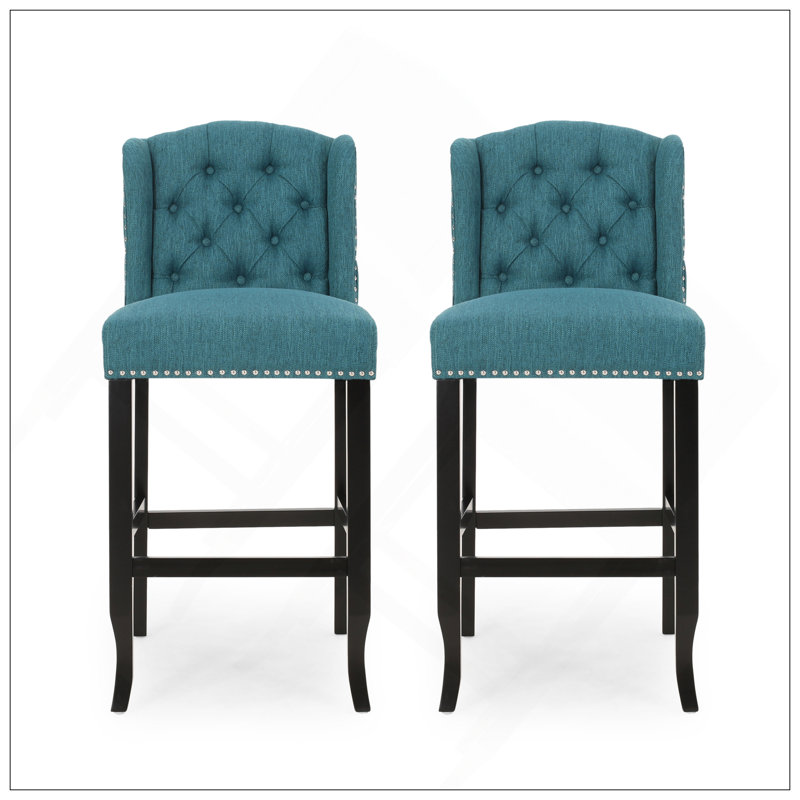 Ensemble de 2 tabourets de comptoir à oreilles capitonnés contemporains en tissu 31 po, sarcelle et brun foncé