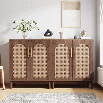 59" Rattan Dark Brown Wood Yellow Sideboard Buffet Cabinet (Set of 2)