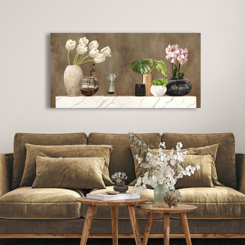 2JT6247 Floral Setting on White Marble 1 Piece Wrapped Canvas Painting, 35cm H x 70cm W x 4cm D