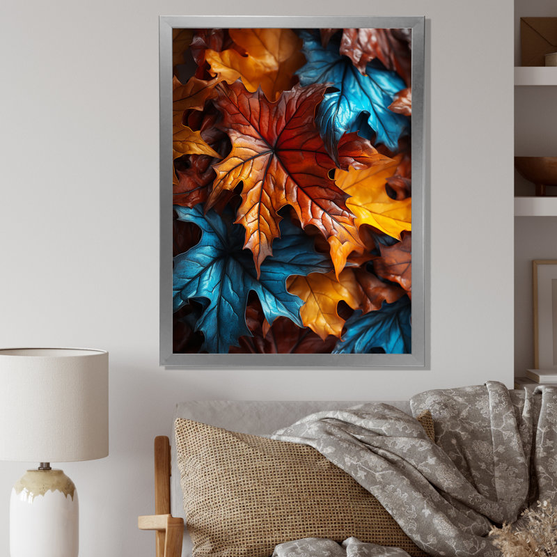 Orange et jaune feuilles d'automne - feuilles, art mural, Cadre photo argenté, H 20 po x l 12 po x P 1 po