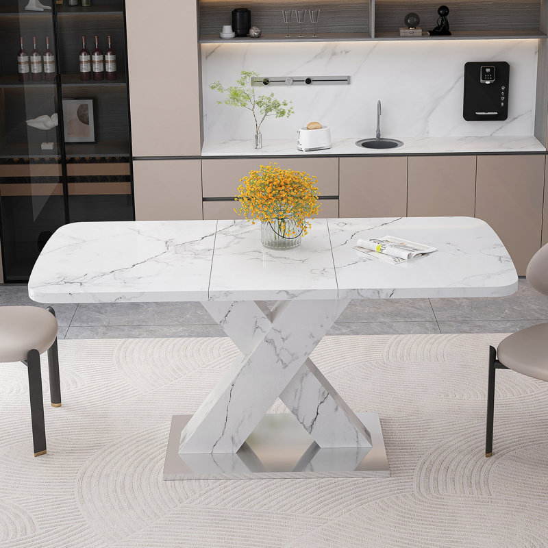 Table de salle à manger rectangulaire de 47,24 po à 62,99 po, extensible, avec plateau en marbre blanc imprimé et pied de table en panneau de fibres à densité moyenne avec base en métal
