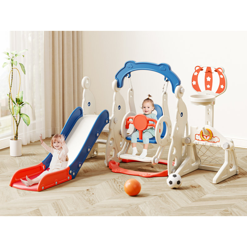 Portique de balançoire 6 en 1 pour tout-petits de 1 à 3 ans avec anneau de basketball, Bleu/rouge
