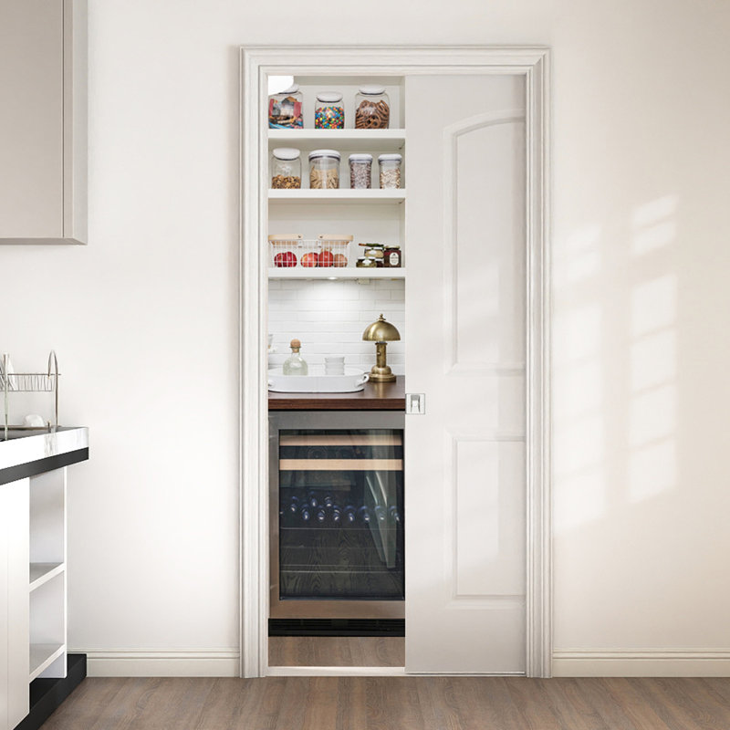 Porte coulissante 24 po x80 po à 2 panneaux surélevés avec dessus en arche et blanc, moulé, lisse, moulé et creux