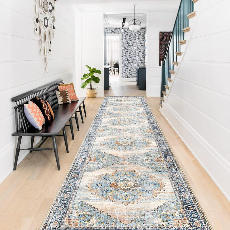 Washable Hallway Rug - Rug Kitchen Rugs and Mats Non Skid Washable Waterproof Carpet for Living Room Bedroom Bathroom (Blue)