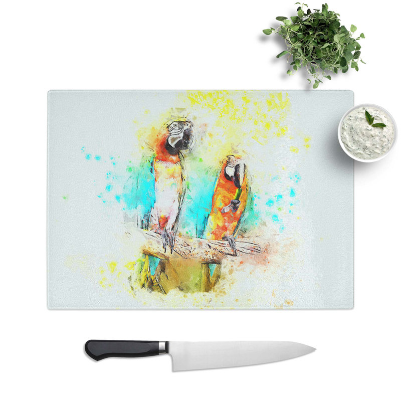 Tempered Glass Two Macaw Parrots on a Branch in Abstract Chopping Board, 28.5 cm W x 20 cm L