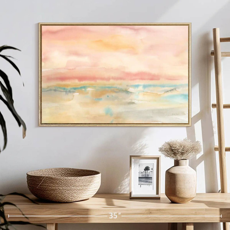 Paysage marin rosé, 25 po x 17 po, Cadre flottant en bois naturel