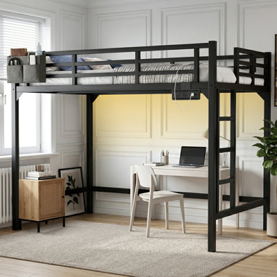 Twin XL Metal Loft Bed with Charging Station and LED Light, Space-Saving Design