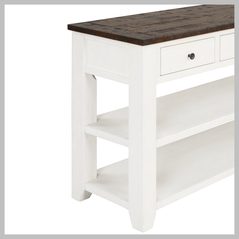 Console en bois de pin massif 48 po, table d'appoint moderne avec 3 tiroirs de rangement et 2 tablettes. Facile à assembler (bleu rétro + plateau brun)