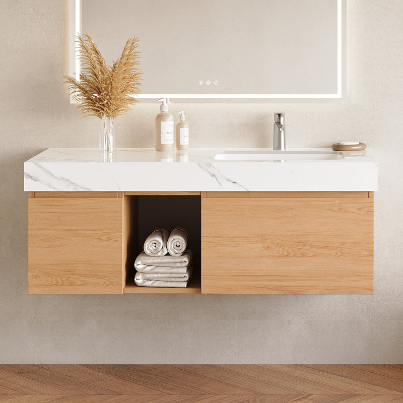 Meuble-lavabo 48 po en noyer clair avec lavabo, meuble-lavabo simple en bois brun moderne avec rangement, meuble de salle de bain de conception minimaliste avec drain