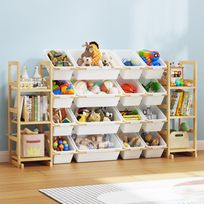 Grand rangement pour jouets, 16 bacs amovibles et 6 étagères ouvertes, bibliothèque pour enfants en bois massif naturel pour chambre d'enfant, salle de jeux, blanc
