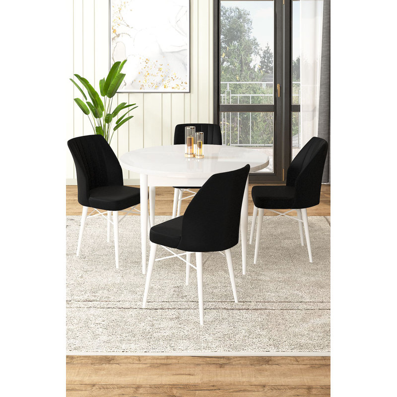Ensemble de table et chaises de salle à manger moderne 5 pièces, blanc et noir | Table en carton 100% mélaminé (35,4 po x 29,5 po x 35,4 po) | Structure en métal et pieds en bois | Chaises en tissu Jerry (17,7 po x 36,6 po x 16,5 po) | Sièges élégants et confortables