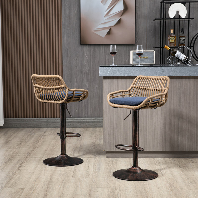 Tabourets réglables à hauteur de comptoir de 2, lin bleu avec repose-pieds pour la décoration de la maison, chaises de cuisine 2 pièces, espace rembourré