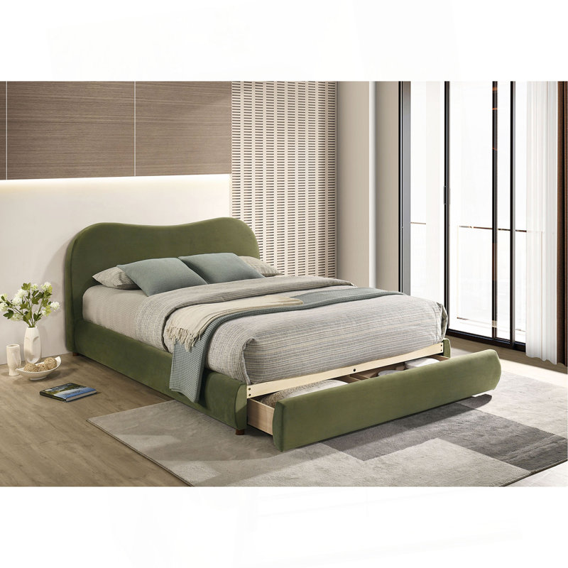 Structure de lit en velours capitonné 1Pc, Grand lit, Vert olive