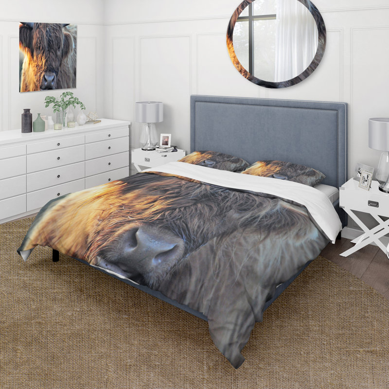 Scottish Cow On Moorland III - Ensemble de housse de couette Farmhouse - Microfibre de polyester