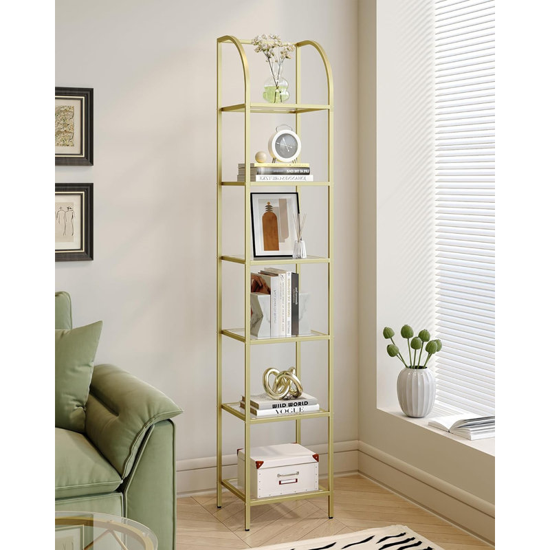 Gold Arched 6-Tier Steel and Glass Bookshelf