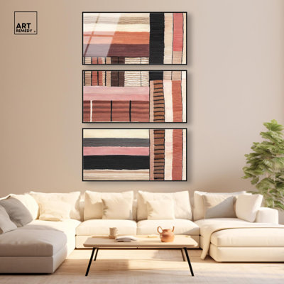 «Terracotta Dialogue II - Ira Colmeva Charlbury», grande reproduction imprimée sur verre encadrée de 3 pièces par Art Remedy, cadre noir, 40 x 20