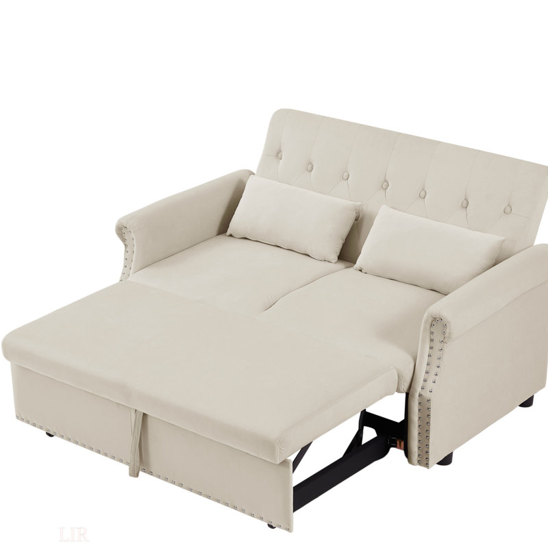55'' Convertible Loveseat Sleeper Sofa Velvet Upholstery Adjustable Pull Out Bed Removable Armrests for Living Room