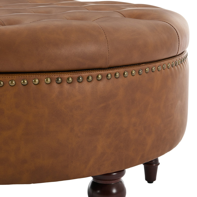 Ellersick Versatile Round Water-Resistant Linen Upholstered Storage Ottoman, Dark Brown