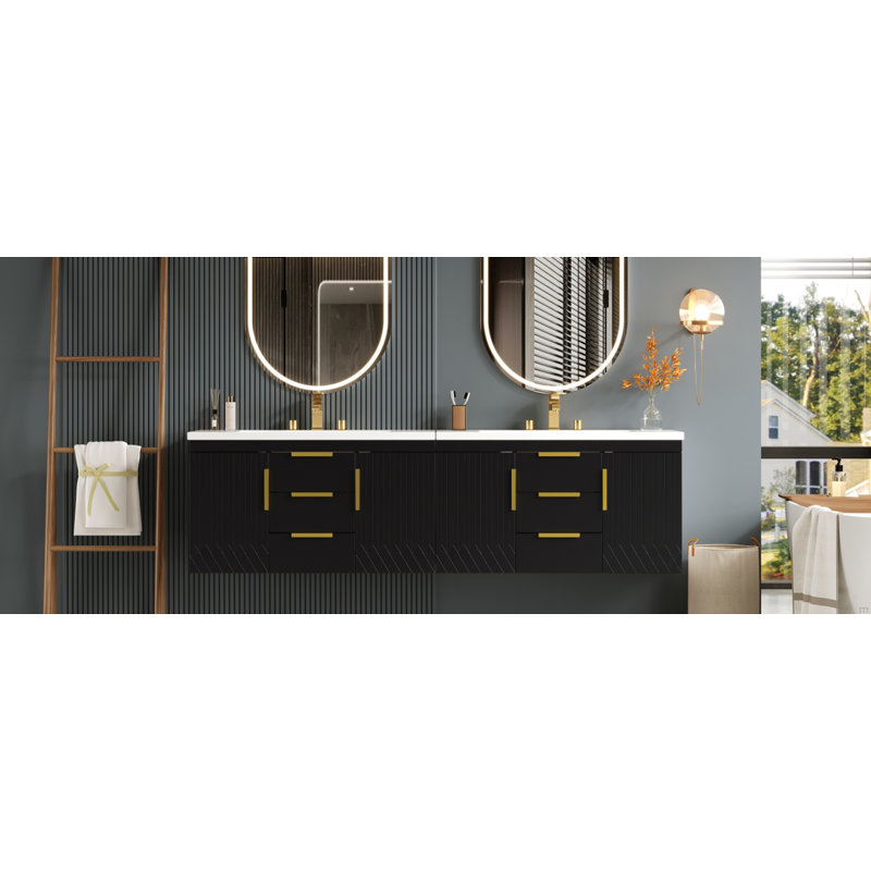 Armoire de salle de bain murale 72 po, 2 tiroirs, armoire de rangement flottante en bois massif, Noir